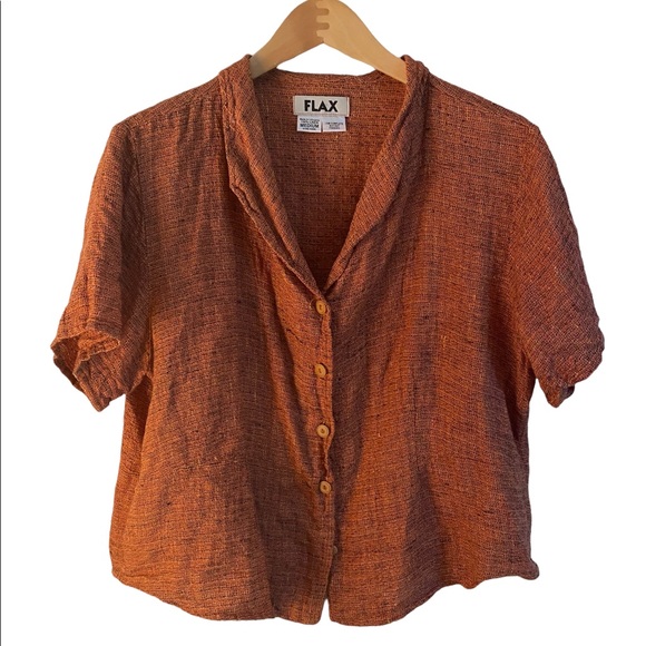 Flax Tops - Flax Linen Orange Button Down Top